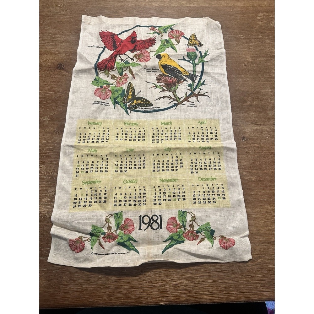 Vintage 1981 Printed Cloth Hanging Wall Calendar Tea Towel Butterfly Flower Bird